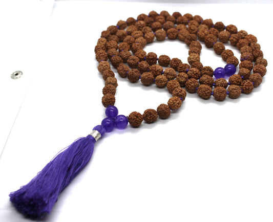 108 Amethyst Mala Rudraksha Mala Necklace / 108 Prayer Beads Mala knotted / Amethyst Crown Chakra Necklace Buddhist mala meditation healing