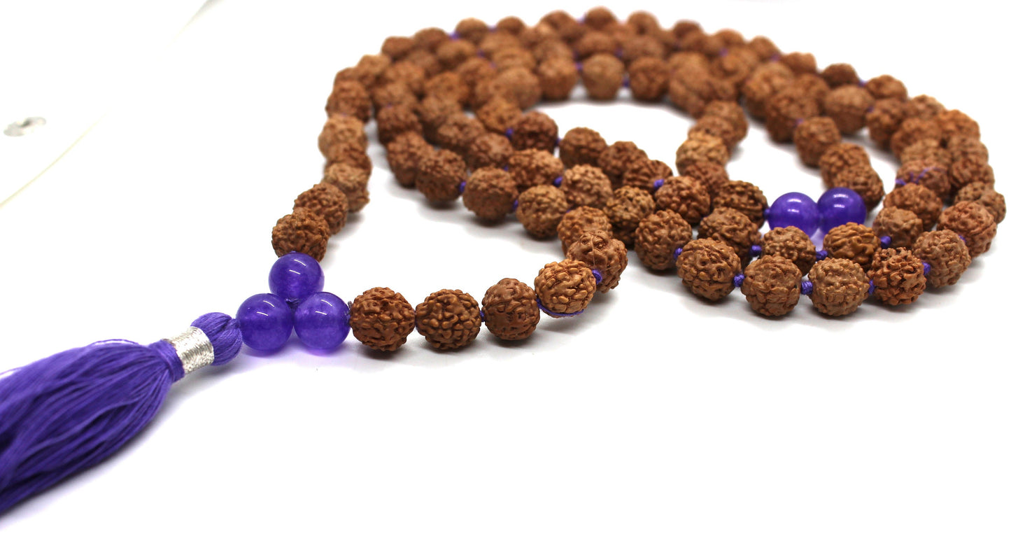 108 Amethyst Mala Rudraksha Mala Necklace / 108 Prayer Beads Mala knotted / Amethyst Crown Chakra Necklace Buddhist mala meditation healing