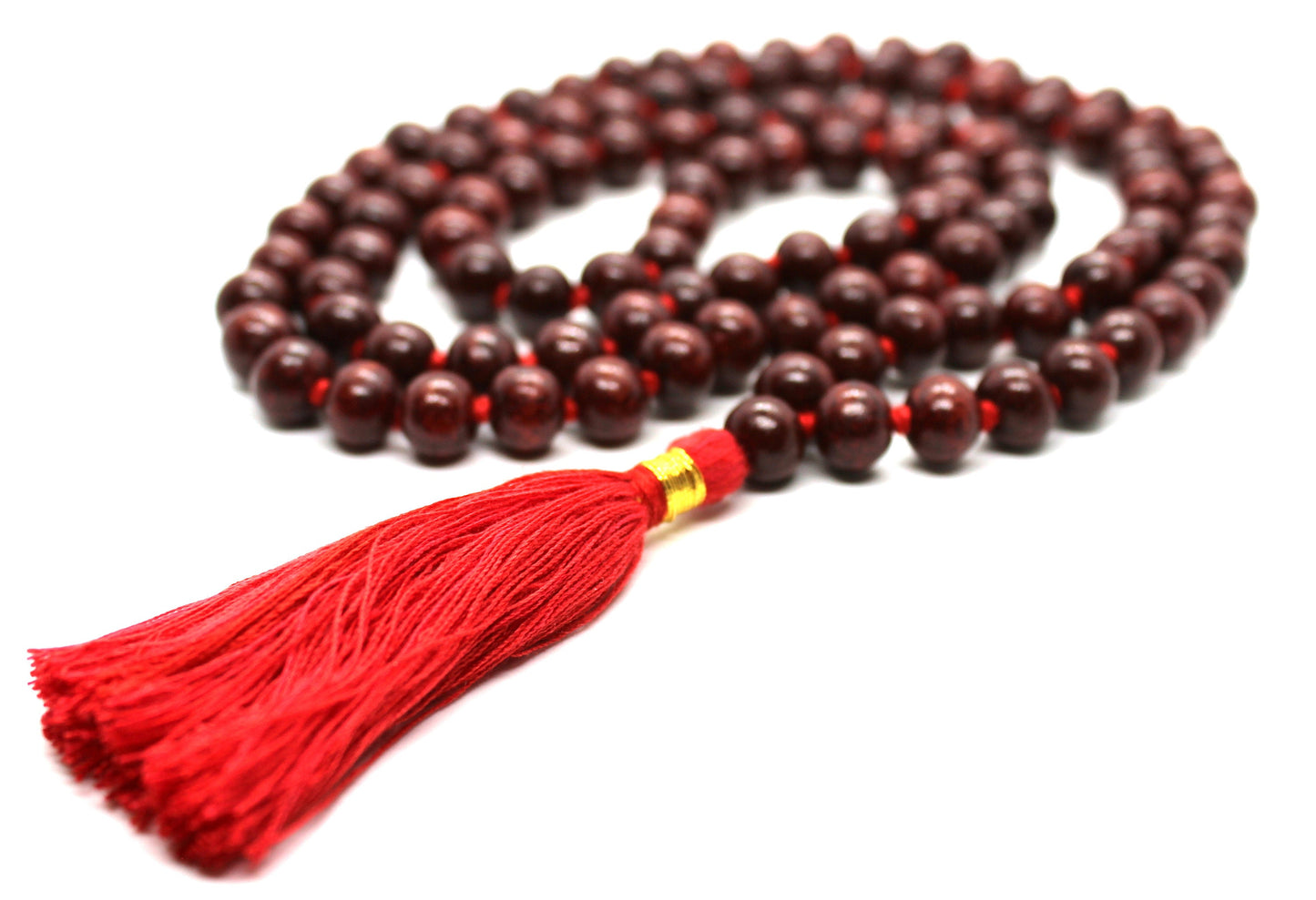 8mm Indian Rosewood with Red / Premium Cotton String TasselClassic 108 Knotted Meditation Mala | Elegant Natural Design | Yoga Necklace