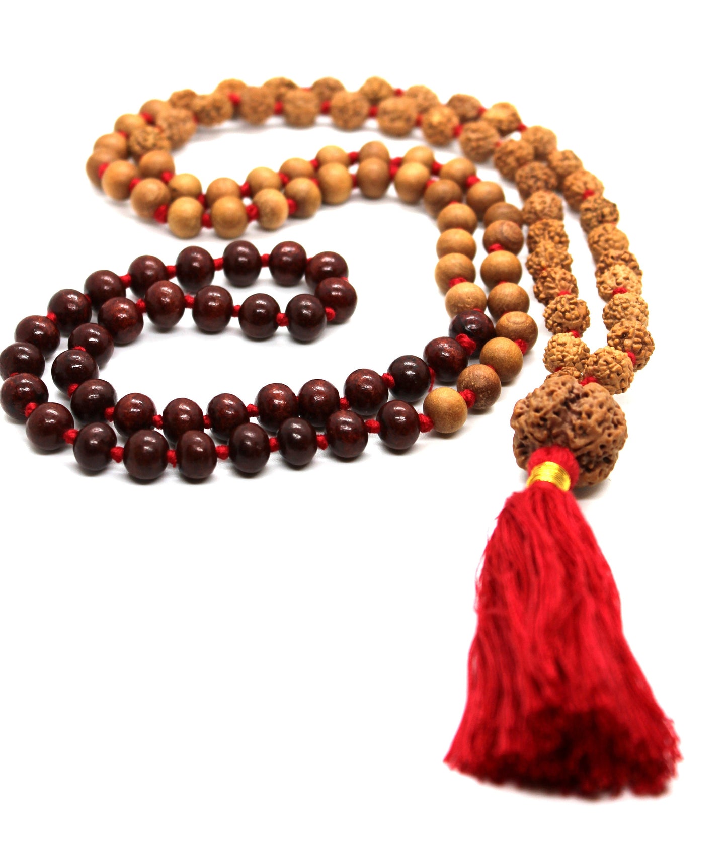 SAMADHI WOODEN Mala, Divine Wood Mala, Combination of Sandalwood Beads, Rosewood Bead, Rudraksha 5 Mukhi, Rudraksh Guru Bead Premium Mala