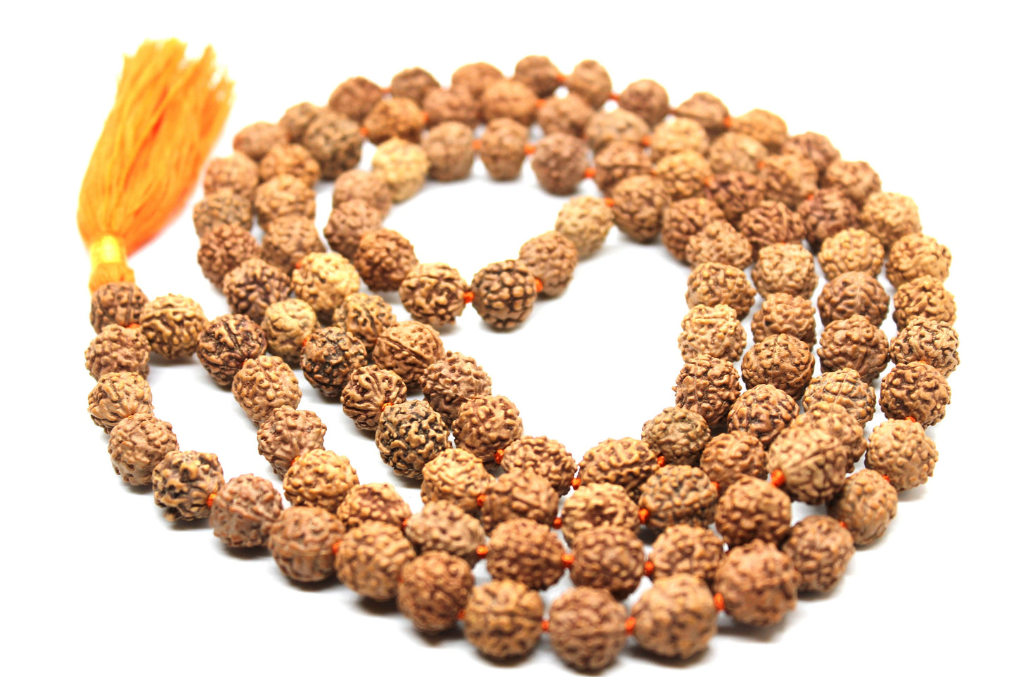 Rudraksha mala 10 MM knotted 108 +1 prayer beads, Long Orange Tassel necklace, mens mala india, yoga meditation buddhist tibetan prayer mala