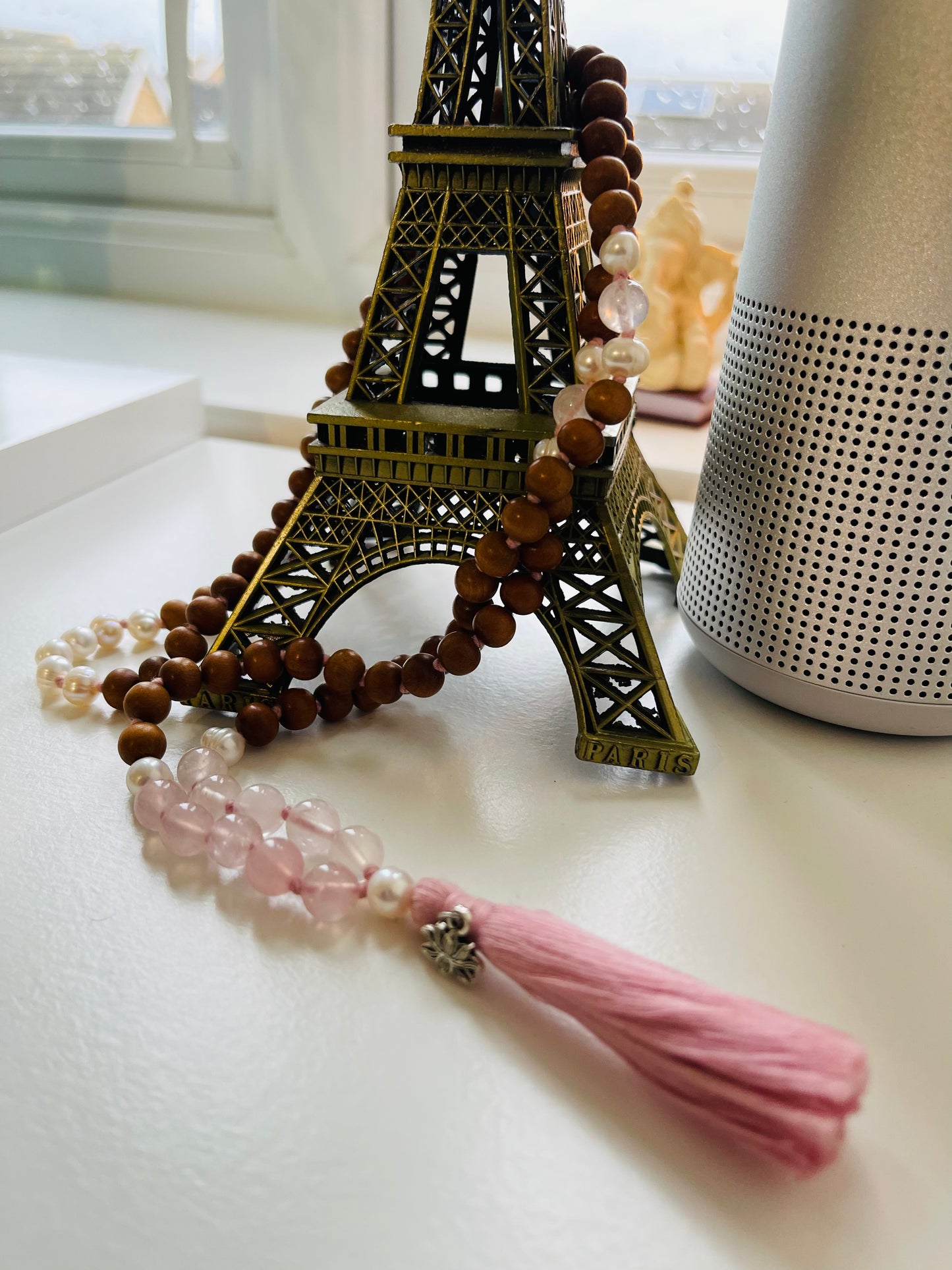 HEALING Mala - Sandalwood, Rose Quartz & Pearl Mala - love, adventure, wisdom women's tassel necklace | 108 beads with Pink Tassel and Lotus