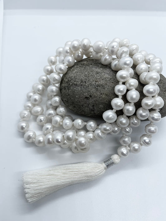 Fresh water white pearl 108 + 1 beads pearl mala Hindu prayer yoga meditation Indian Buddhist Rosary prayer Japa Necklace  Rare India puja
