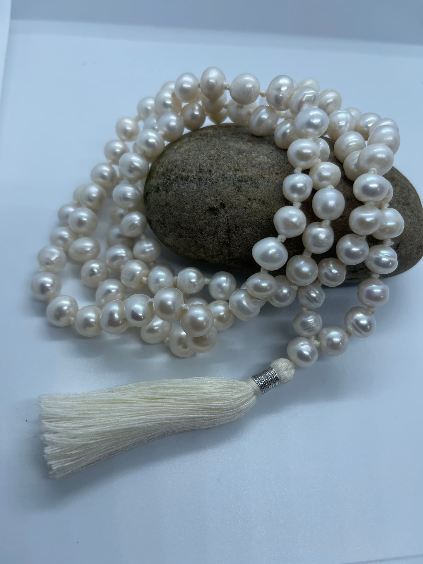 Fresh water white pearl 108 + 1 beads pearl mala Hindu prayer yoga meditation Indian Buddhist Rosary prayer Japa Necklace  Rare India puja