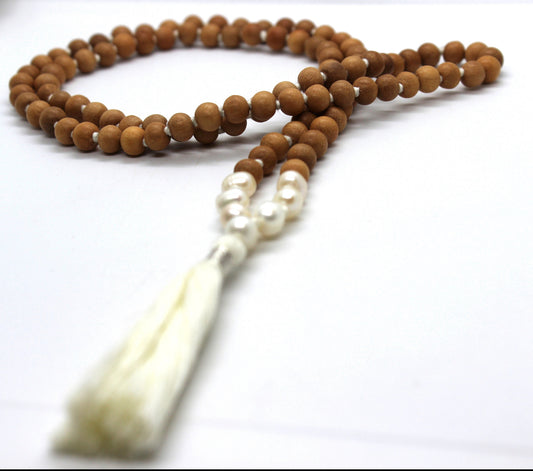 Dakhin Pearl Sandalwood Mala Necklace, 108 beads Mala Necklace, Fresh water Pearl Necklace, Hand Knotted Mala Necklace, Yoga Jewelry Gift