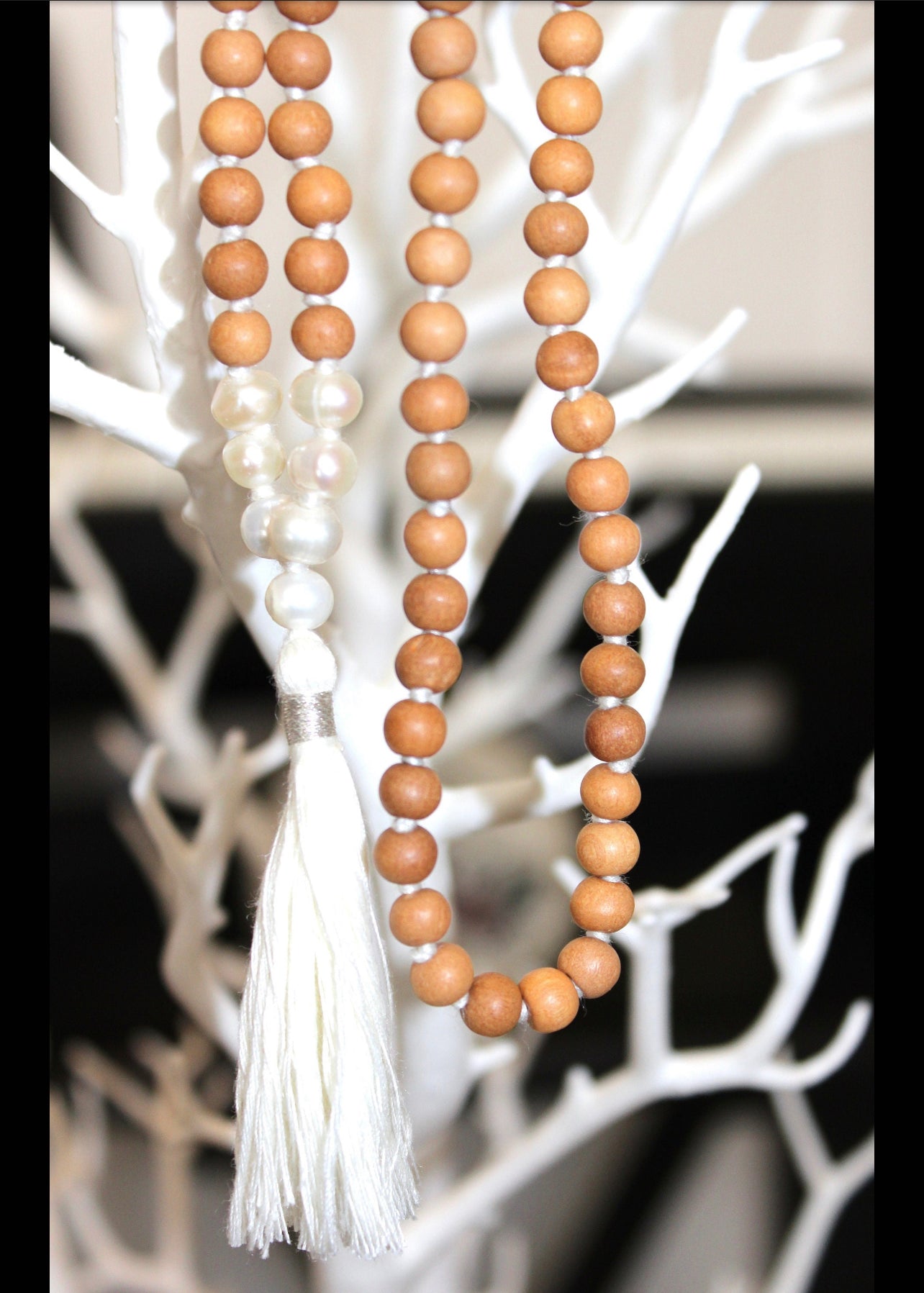 Dakhin Pearl Sandalwood Mala Necklace, 108 beads Mala Necklace, Fresh water Pearl Necklace, Hand Knotted Mala Necklace, Yoga Jewelry Gift