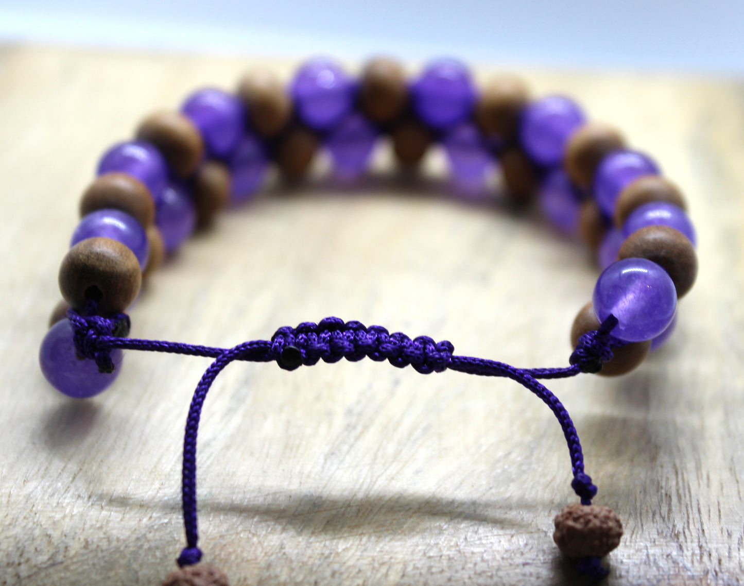 Natural gemstone purple Amethyst & Sandal wood bracelet. Handmade bracelet, Healing bracelet. Adjustable cord bracelet. Unisex bracelet