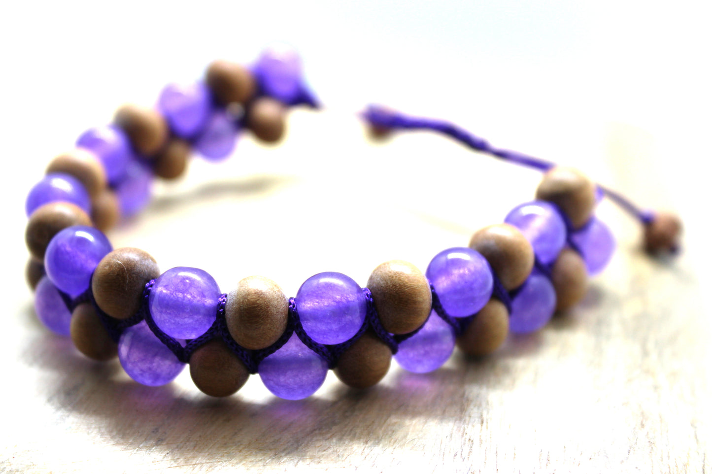 Natural gemstone purple Amethyst & Sandal wood bracelet. Handmade bracelet, Healing bracelet. Adjustable cord bracelet. Unisex bracelet