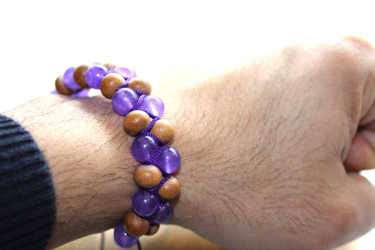 Natural gemstone purple Amethyst & Sandal wood bracelet. Handmade bracelet, Healing bracelet. Adjustable cord bracelet. Unisex bracelet