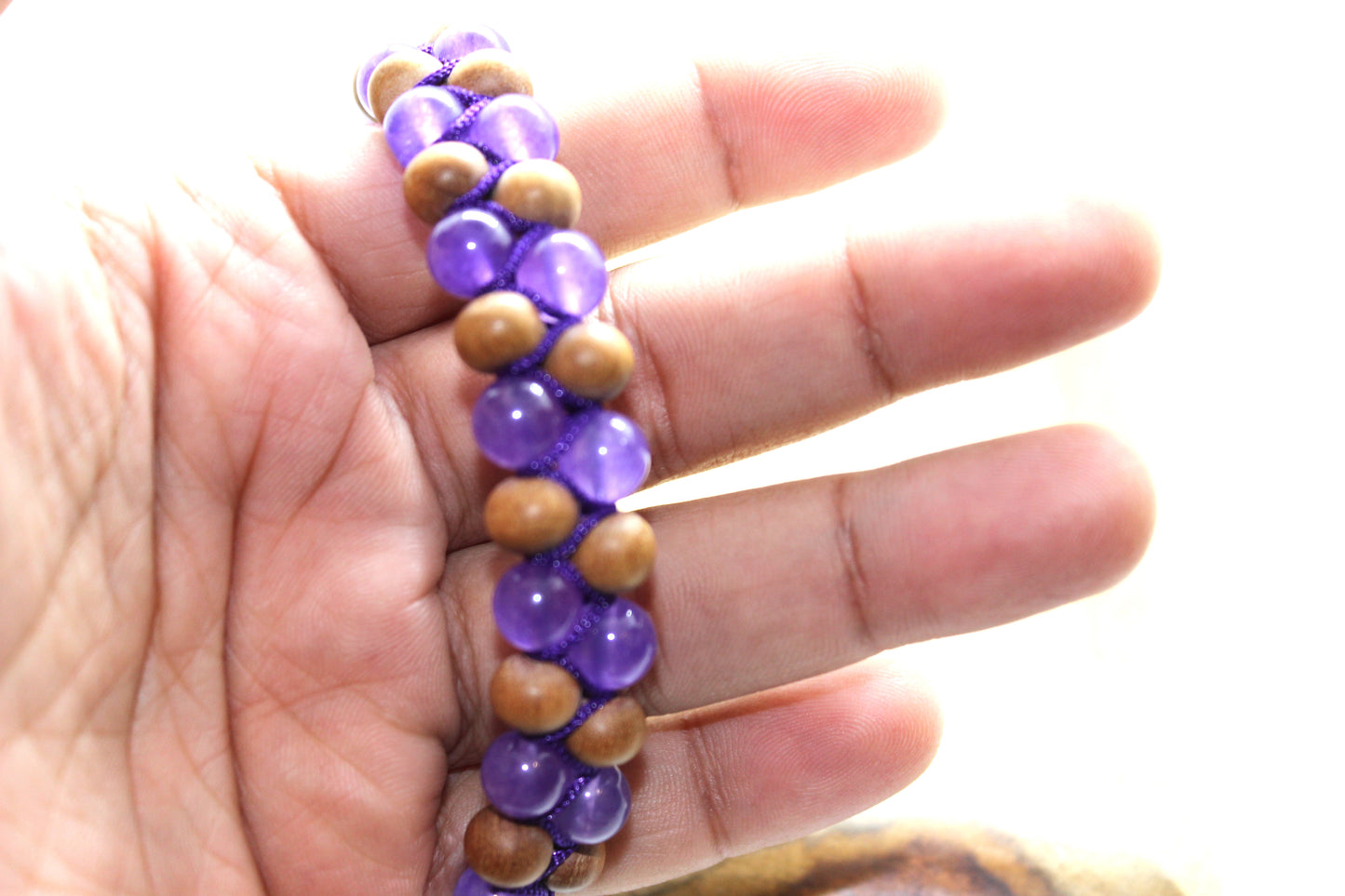 Natural gemstone purple Amethyst & Sandal wood bracelet. Handmade bracelet, Healing bracelet. Adjustable cord bracelet. Unisex bracelet