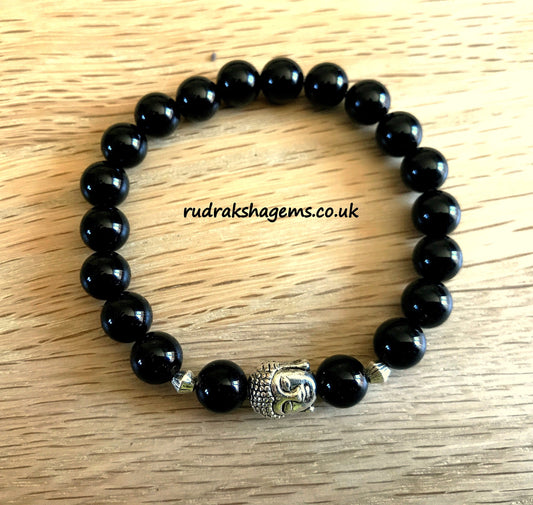 Black Onyx BUDDHA bracelet - Gemstone crystal beaded bracelet - mens womens bracelet - Spiritual reiki chakra stone jewellery - Custom size