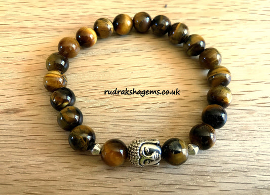 Tiger Eye BUDDHA bracelet - genuine gemstone crystal premium bracelet - mens womens bracelet - 8mm high quality beads bracelet -gift him her