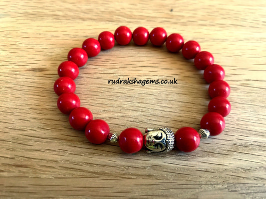 Red Coral Elasticated Bead Bracelet 8mm beads Natural Gemstone Buddha Face Charm Yoga Reiki 7-8 inches Cures Depression