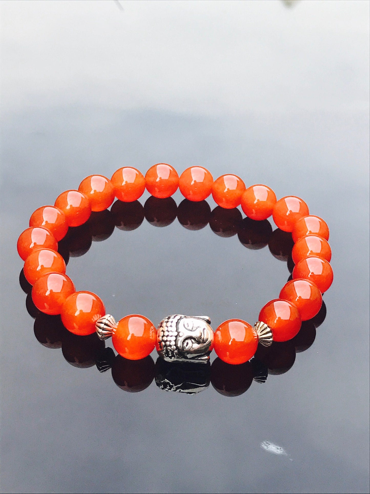 Carnelian Buddha Elasticated Bracelet - amber crystal gemstone bracelet - power bracelet -gift for him her buddhist bracelet yoga meditation