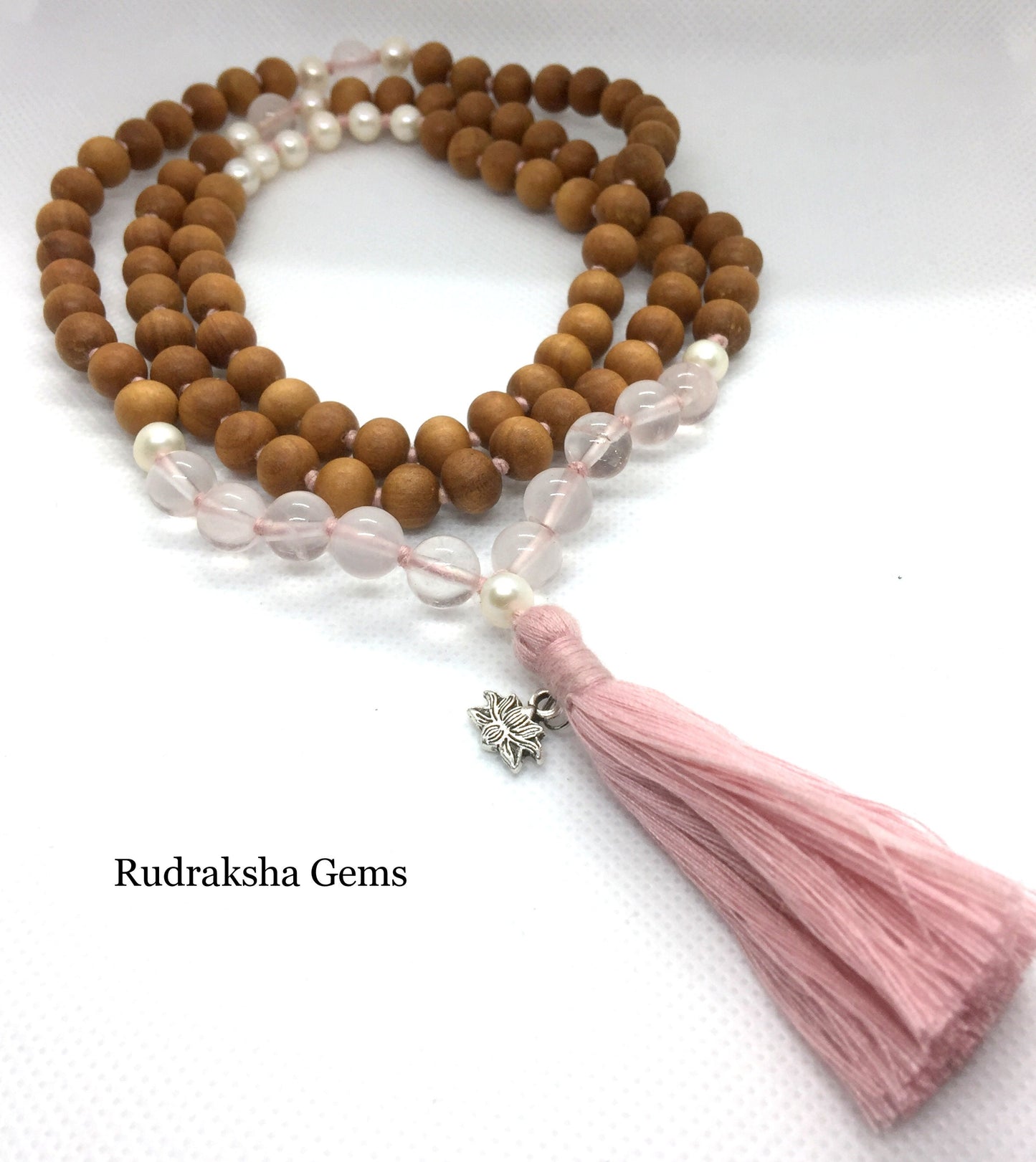 HEALING Mala - Sandalwood, Rose Quartz & Pearl Mala - love, adventure, wisdom women's tassel necklace | 108 beads with Pink Tassel and Lotus