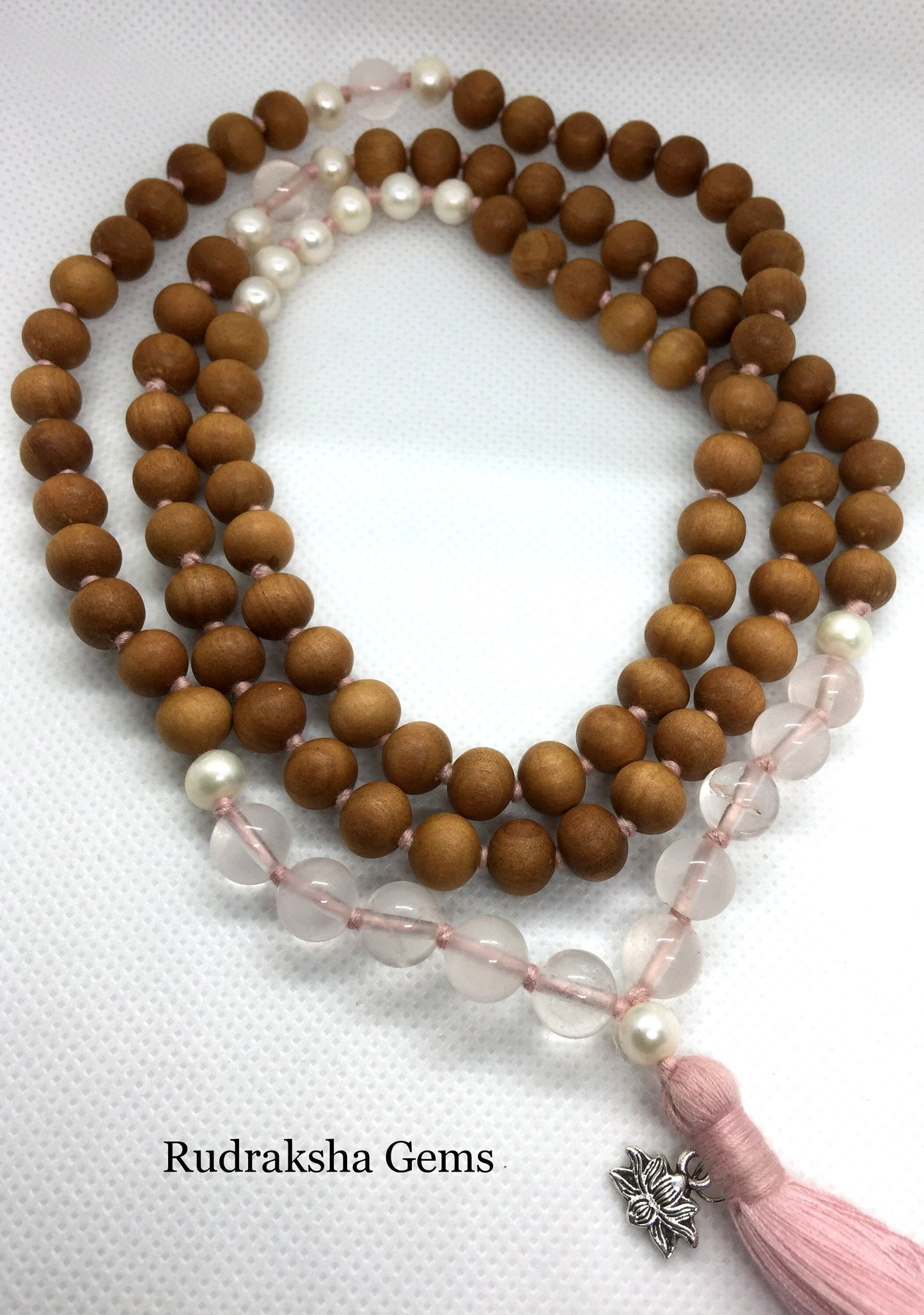 HEALING Mala - Sandalwood, Rose Quartz & Pearl Mala - love, adventure, wisdom women's tassel necklace | 108 beads with Pink Tassel and Lotus