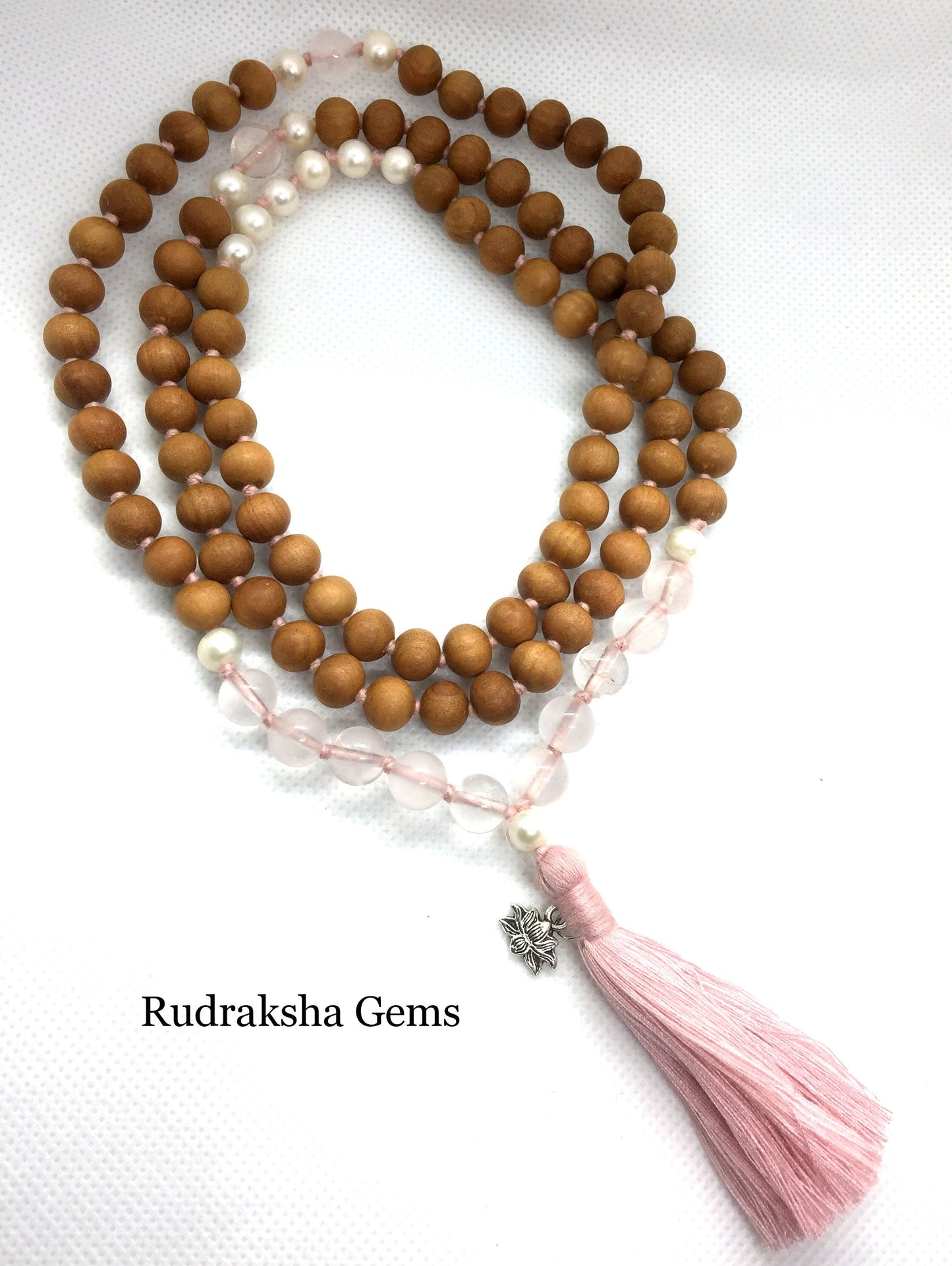 HEALING Mala - Sandalwood, Rose Quartz & Pearl Mala - love, adventure, wisdom women's tassel necklace | 108 beads with Pink Tassel and Lotus