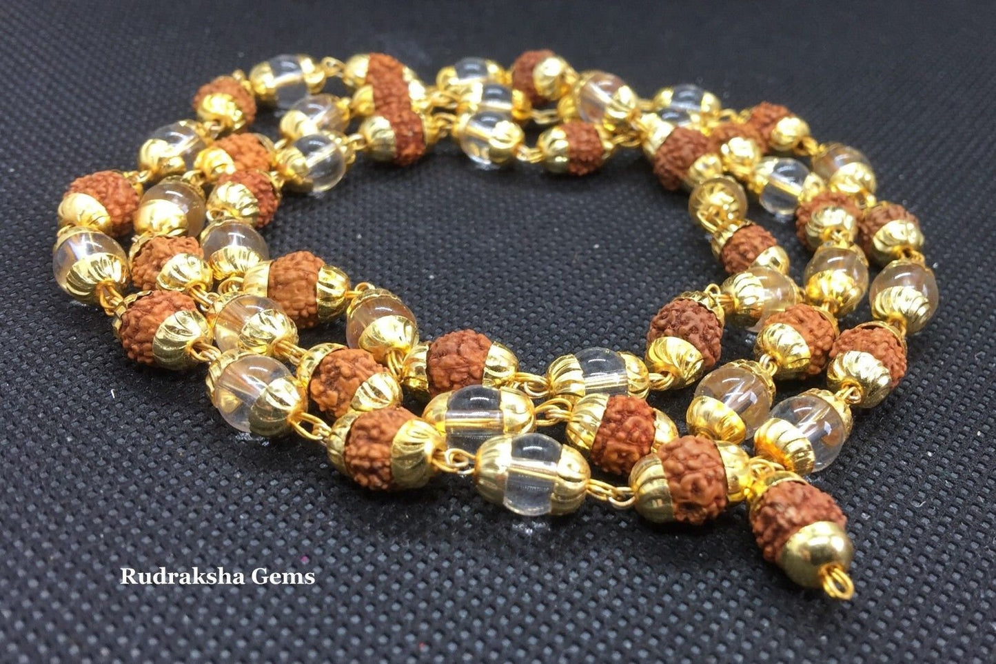 Rudraksha Mala Necklace - Rudraksh Crystal Quartz Necklace, Golden cap wire wrapped Jewellery- Rudraksha Divine beads & Crown Chakra Crystal