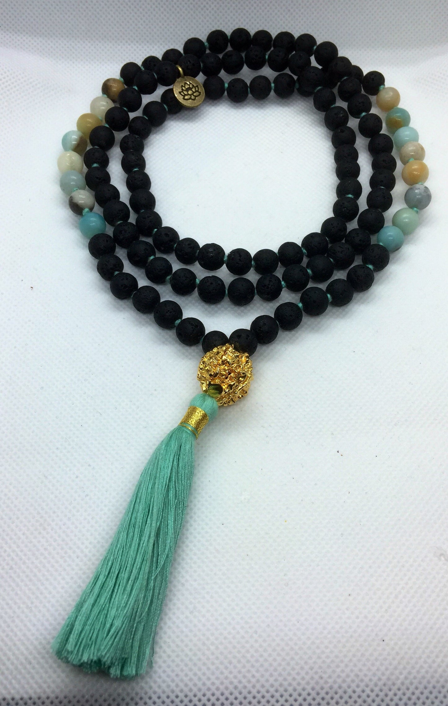 Amazonite lava stone mala - 108 beads hand knotted mala- turquoise long tassel - Golden Brass guru bead with lotus charm necklace mala