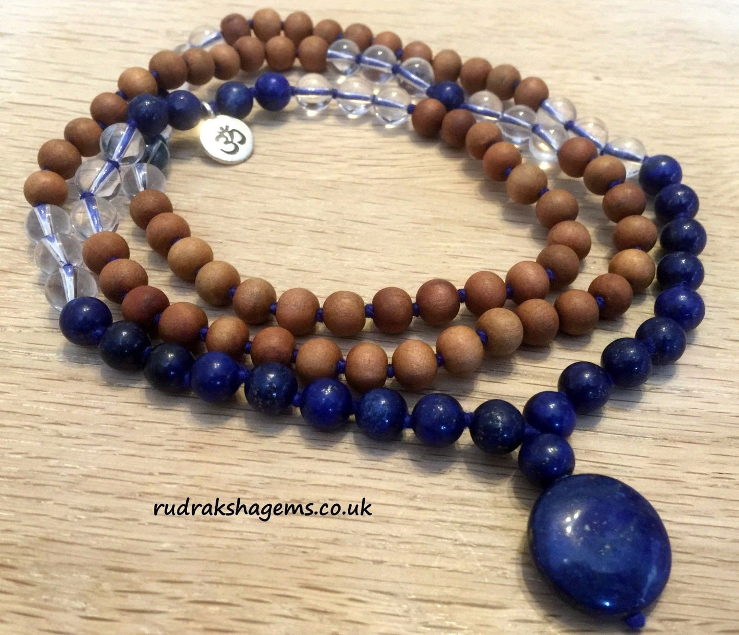 Sandalwood with Lapis Lazuli Japa Mala Crystal 108 beads OM mala with Lapis pendant purified & blessed Unisex Necklace Mens Women Japa Yoga