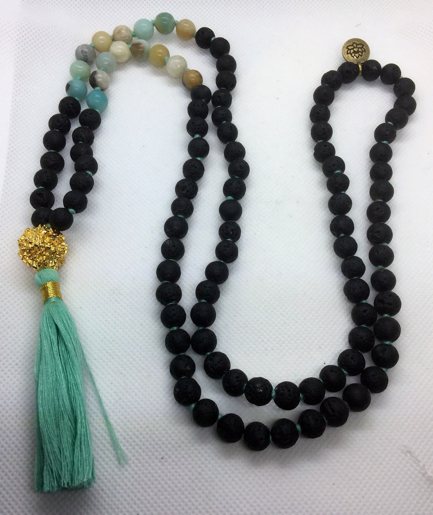 Amazonite lava stone mala - 108 beads hand knotted mala- turquoise long tassel - Golden Brass guru bead with lotus charm necklace mala