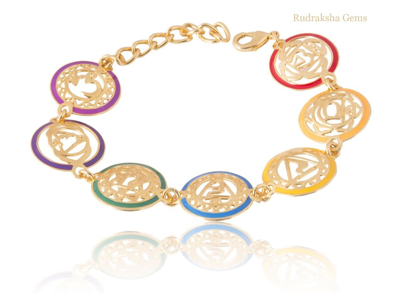 7 Chakra Bracelet Yoga Reiki Healing Symbols Golden metal corded crystal Crown Meditation Bracelet - Chakra Symbols - Artisan Jewelry Rakhi