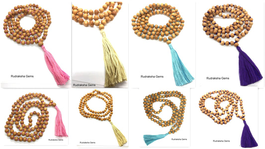 Natural Sandalwood Handmade Mala 108+1 Beads Hindu Prayer Beads Mala Yoga Mediation Chandan Mala Handmade With Long Tassel, Sandal wood mala