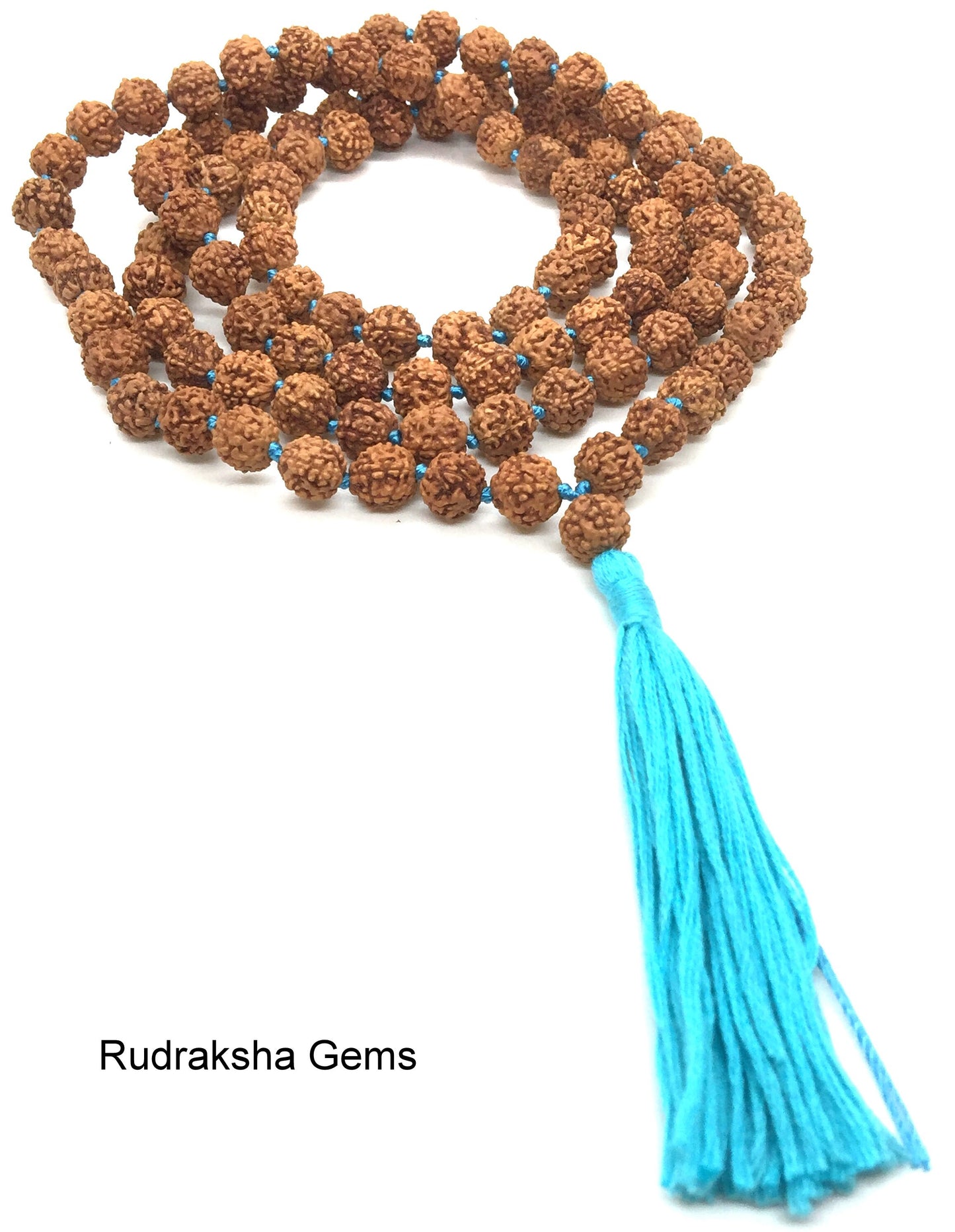 Five face Rudraksha Mala 108+1 Beads - Handmade 8MM Rudraksha Mala - Rudraksha Japa Mala 8MM - Turquoise Long Tassel knots Mala - Yoga Gift