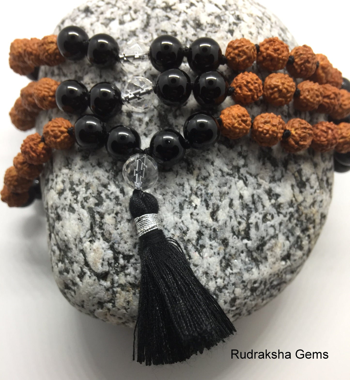 108 Rudraksha Mala Beaded Necklace, Mala Bead Necklace +Crystal Black Onyx Gemstones, Tibetan Buddhist Prayer Beads, Healing Meditation Yoga