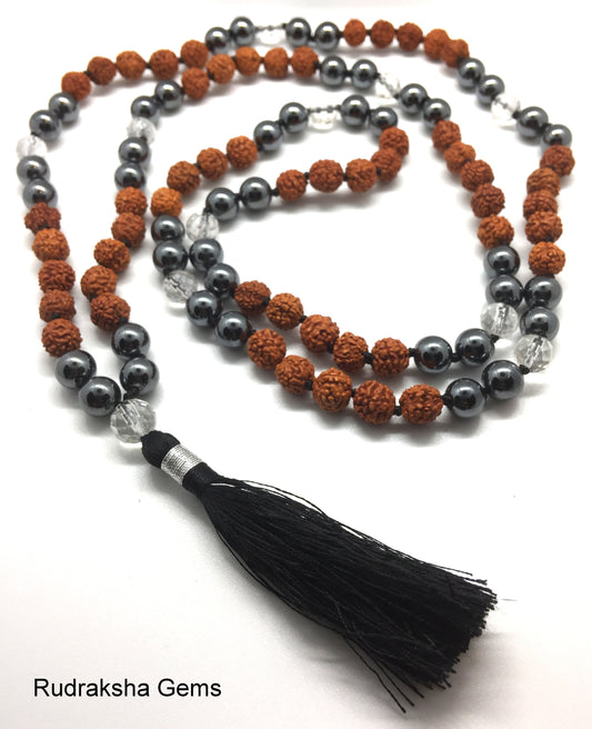 HEMATITE & Rudraksha beaded Necklace, Crystal Guru Bead, Black Tassel mala, mens ladies mala beads, Hematite Mala, Rudraksha Mala, Yoga