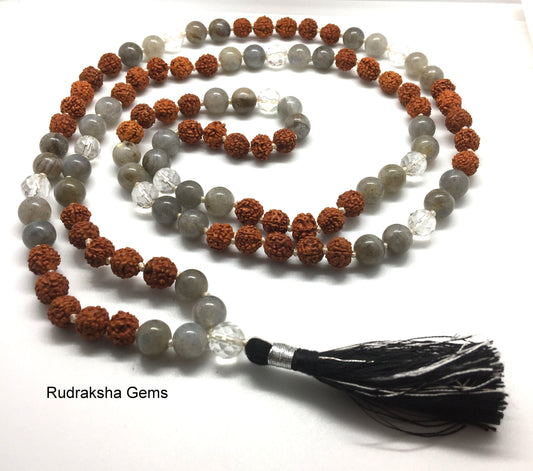 Labradorite japa & Rudraksha mala, Tassel Mala, Hand knotted Necklace, Meditation mala, 108 mala necklace, Prayer beads, Dalai Mala Yoga