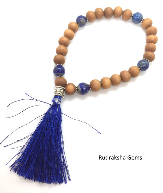 Fragrant Sandalwood Bracelet / Women's or Men's Lapis Lazuli Jewelry / Tassel Mala Bracelet / Natural Gemstone & Wood Bracelet/ Handmade