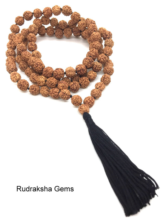 Lord Shiva Rudraksha Japa Mala 108 beads traditional style hand knotted mala purified & blessed - Long Black Tassel /  Knots - Tassel Mala