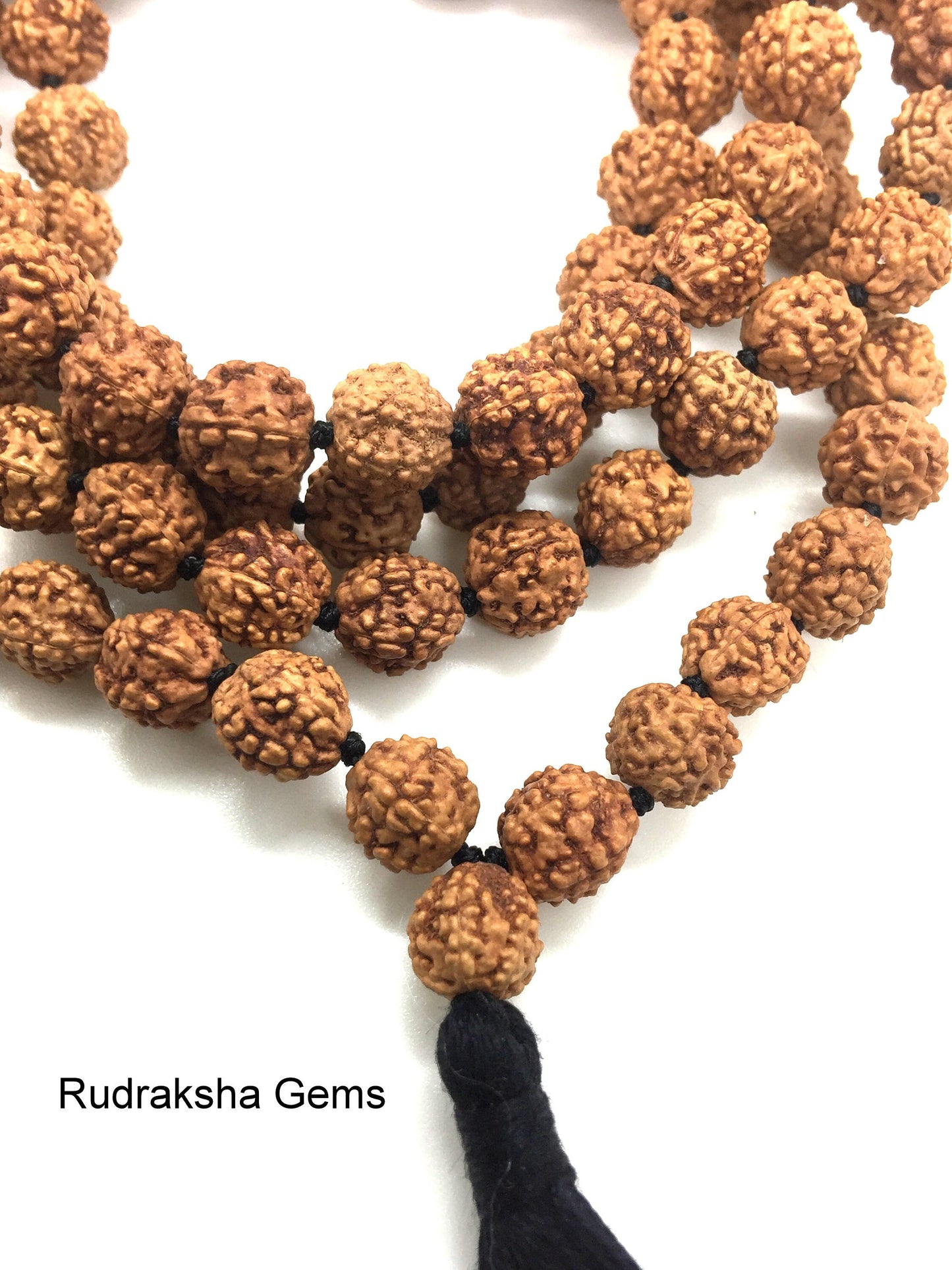 Lord Shiva Rudraksha Japa Mala 108 beads traditional style hand knotted mala purified & blessed - Long Black Tassel /  Knots - Tassel Mala