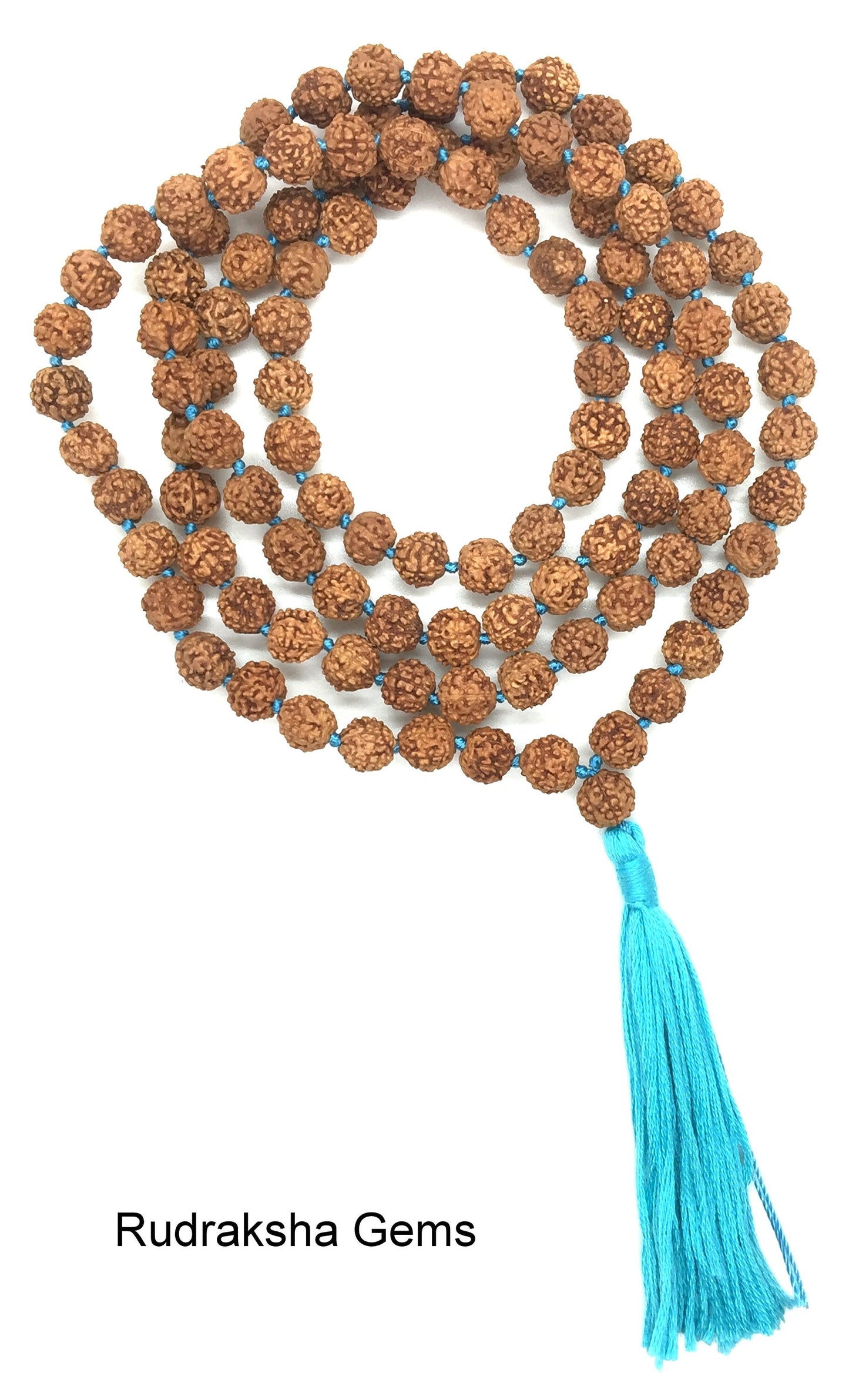 Five face Rudraksha Mala 108+1 Beads - Handmade 8MM Rudraksha Mala - Rudraksha Japa Mala 8MM - Turquoise Long Tassel knots Mala - Yoga Gift