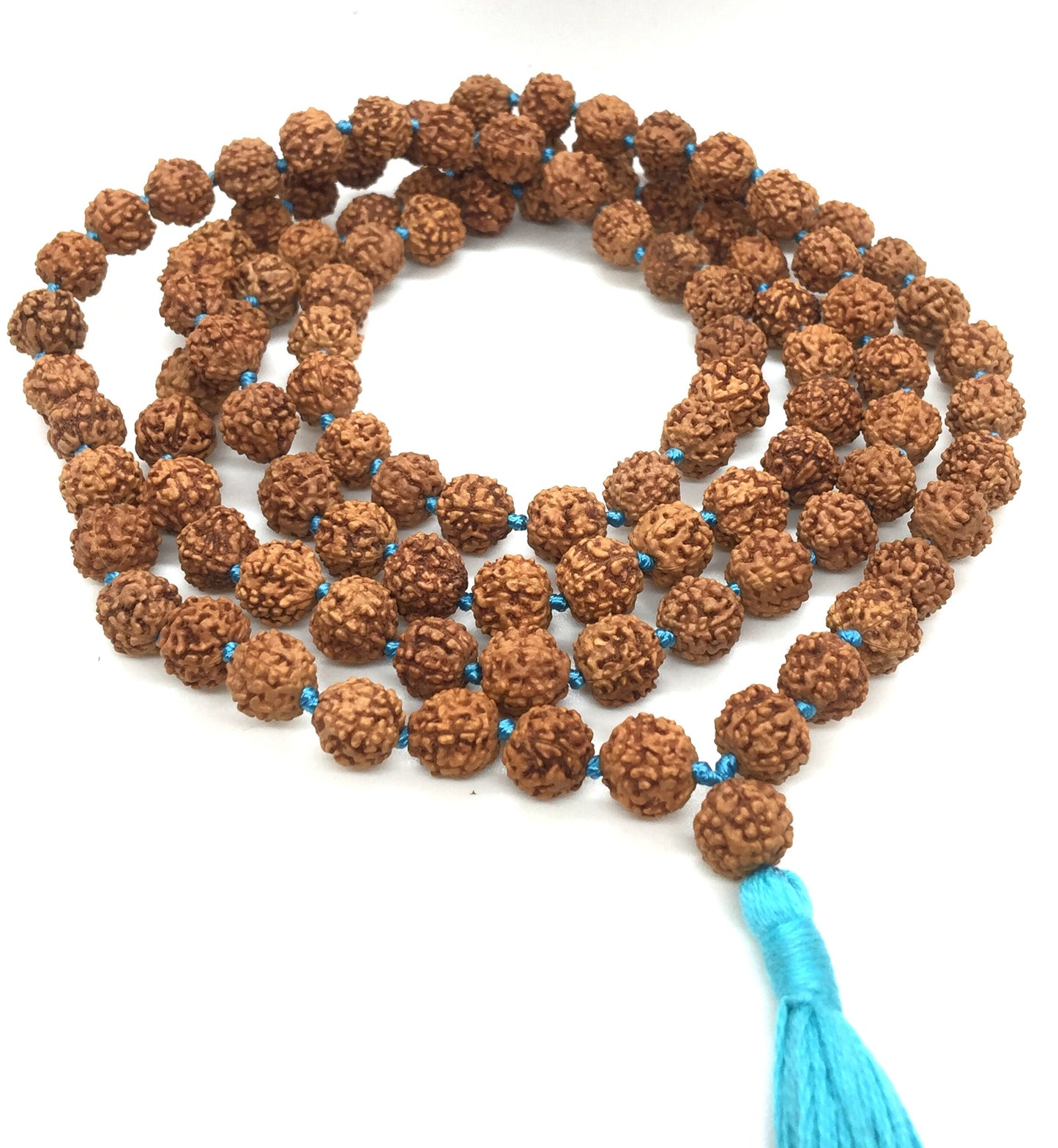 Five face Rudraksha Mala 108+1 Beads - Handmade 8MM Rudraksha Mala - Rudraksha Japa Mala 8MM - Turquoise Long Tassel knots Mala - Yoga Gift