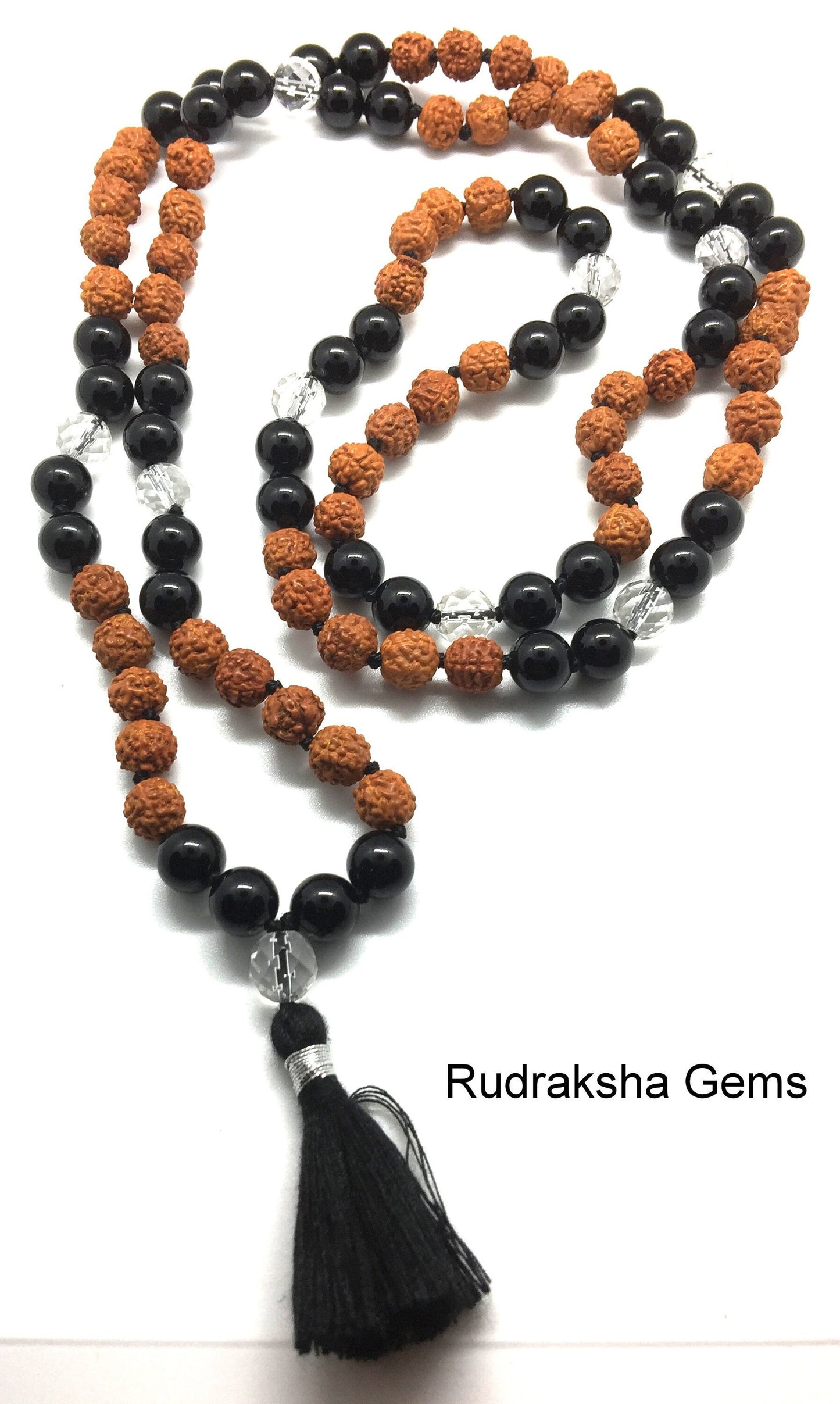 108 Rudraksha Mala Beaded Necklace, Mala Bead Necklace +Crystal Black Onyx Gemstones, Tibetan Buddhist Prayer Beads, Healing Meditation Yoga