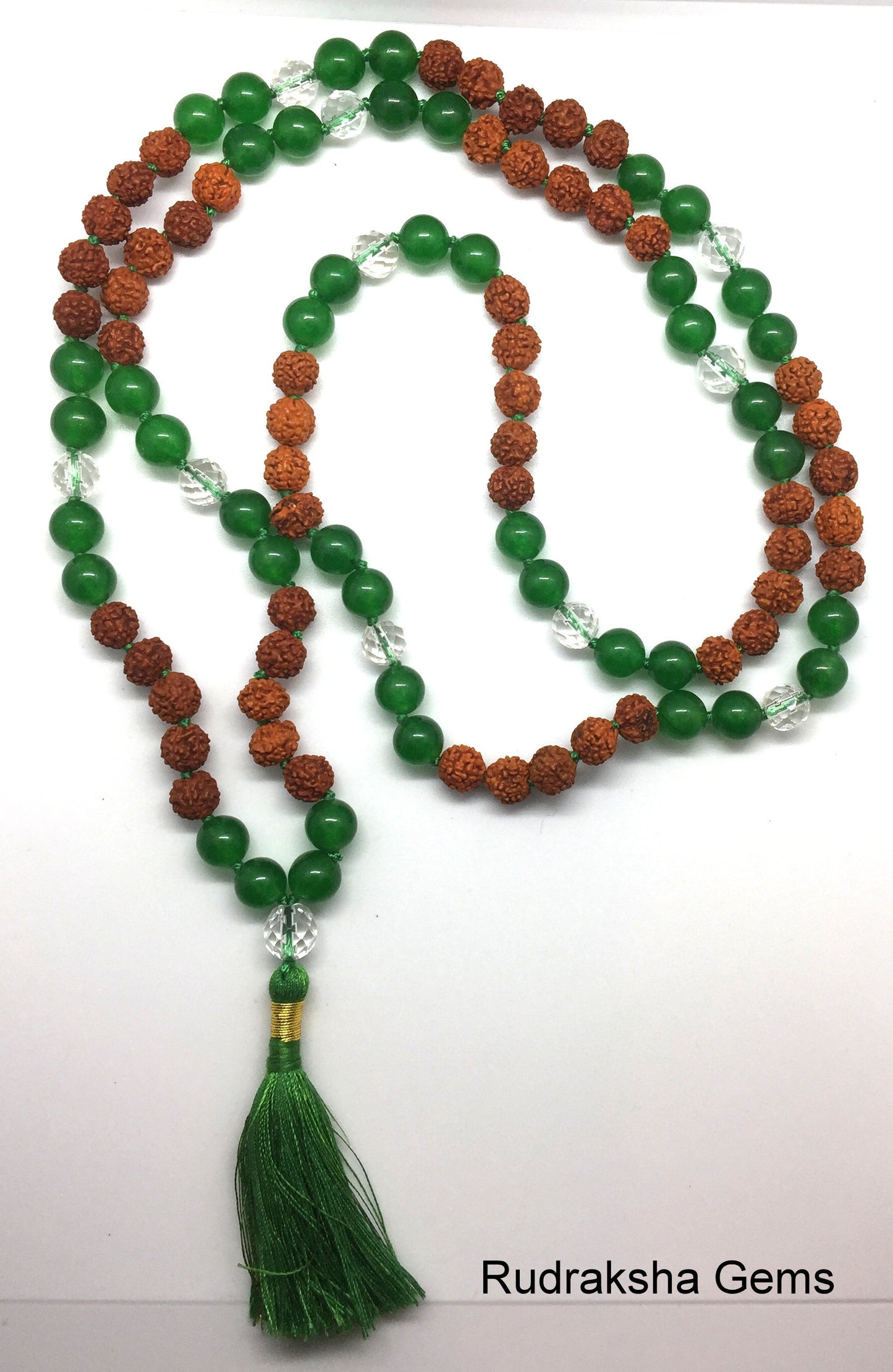 Natural Green Jade & Rudraksha Mala, Gemstone Mala, Tassel Necklace, Jade Mala, Prayer Beads, Mala Beads, Knotted Mala, Hand knotted Mala