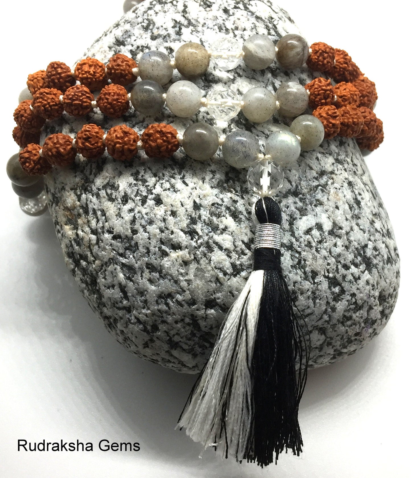 Labradorite japa & Rudraksha mala, Tassel Mala, Hand knotted Necklace, Meditation mala, 108 mala necklace, Prayer beads, Dalai Mala Yoga