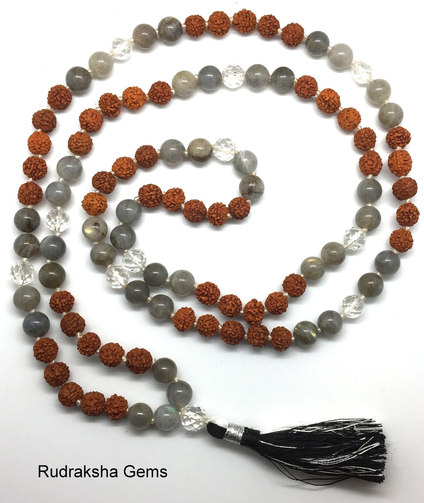 Labradorite japa & Rudraksha mala, Tassel Mala, Hand knotted Necklace, Meditation mala, 108 mala necklace, Prayer beads, Dalai Mala Yoga