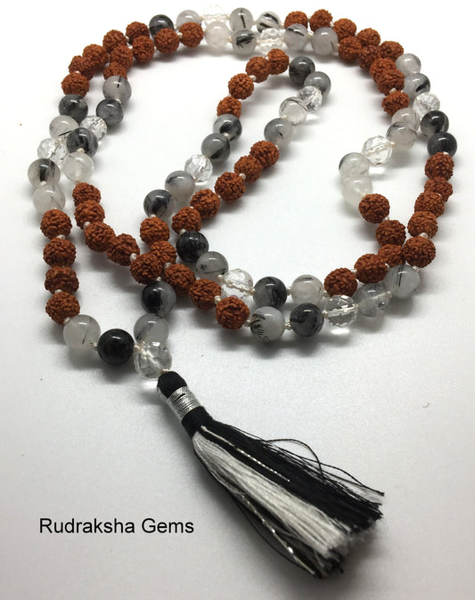 Rutialated Quartx Rudraksha Mala Necklace, Rutilated Quartz 108 Mala Bead, Meditation Yoga Necklace, Crystal Quartz Mala, Yoga Tassel Mala