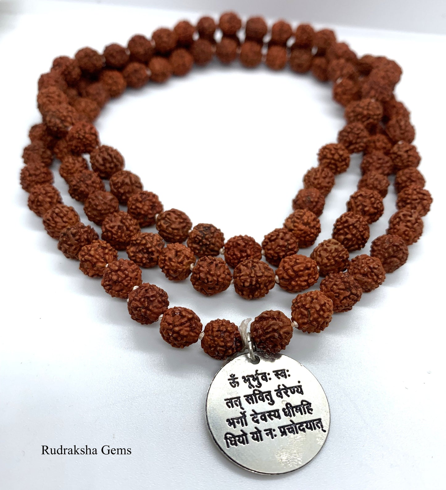 Om Gayatri Mantra Necklace,108 beads,8mm Natural Rudraksha Seed Beads, Buddhist Necklace, Rudraksha Necklace, Unisex,Prayer,Mala,Meditation
