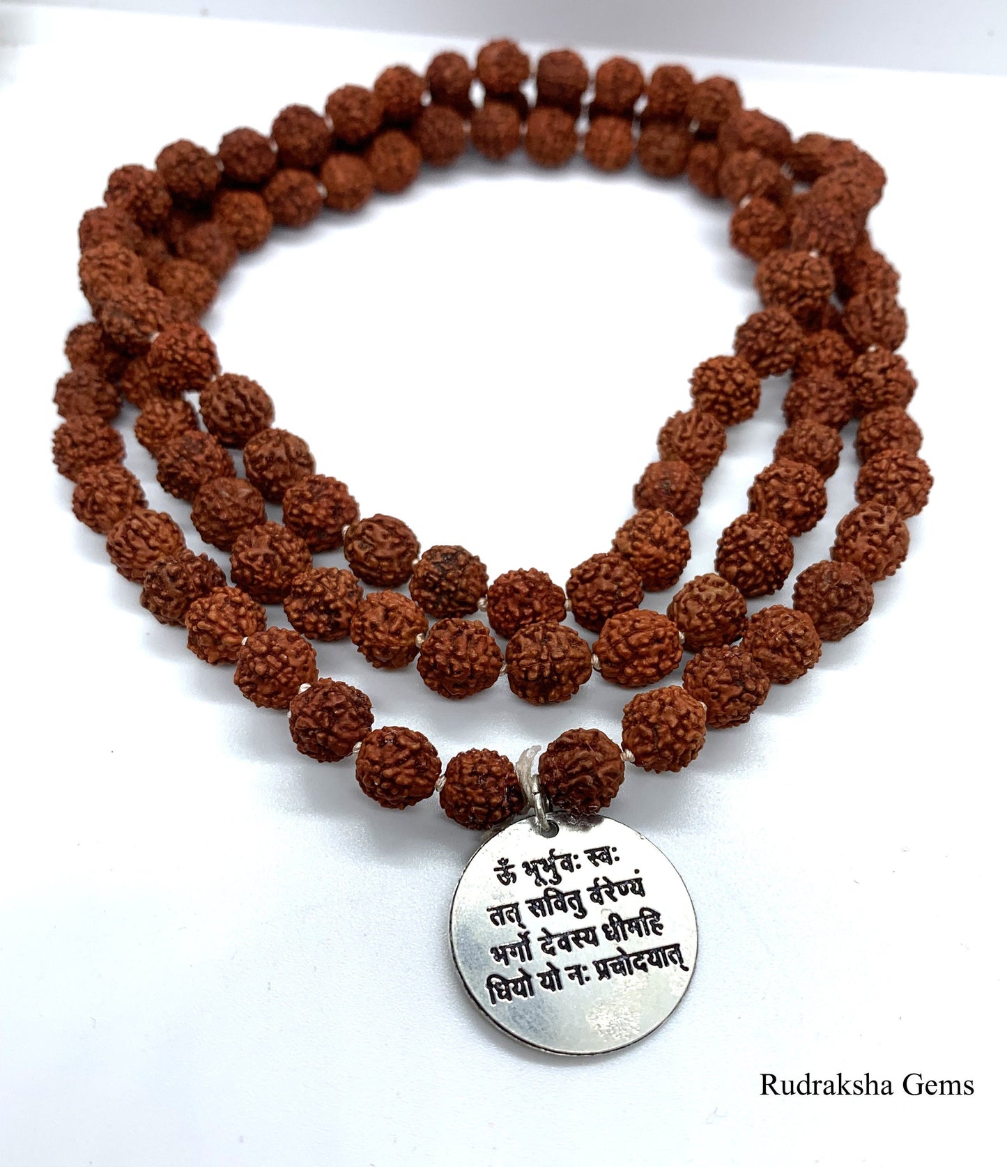 Om Gayatri Mantra Necklace,108 beads,8mm Natural Rudraksha Seed Beads, Buddhist Necklace, Rudraksha Necklace, Unisex,Prayer,Mala,Meditation