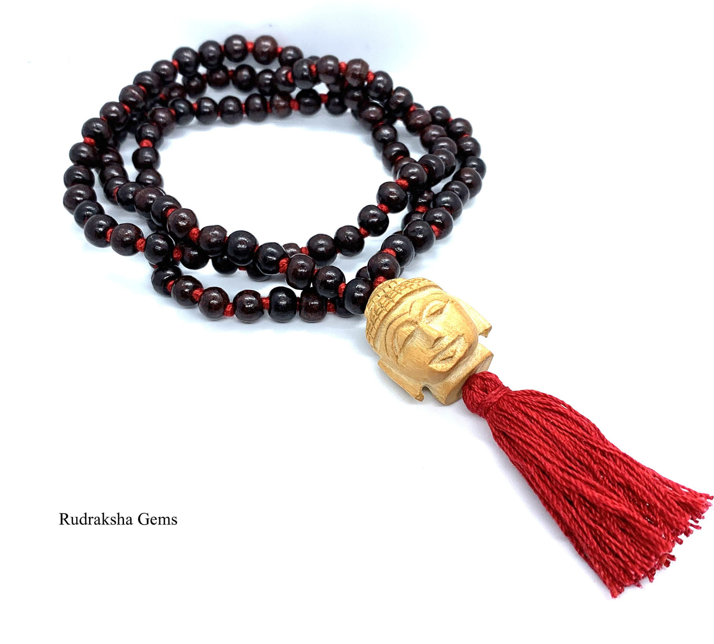Buddha Classic 108 Knotted Meditation Mala | 8mm Indian Rosewood with Red / Cotton String Tassel | Elegant Natural Design | Yoga Necklace