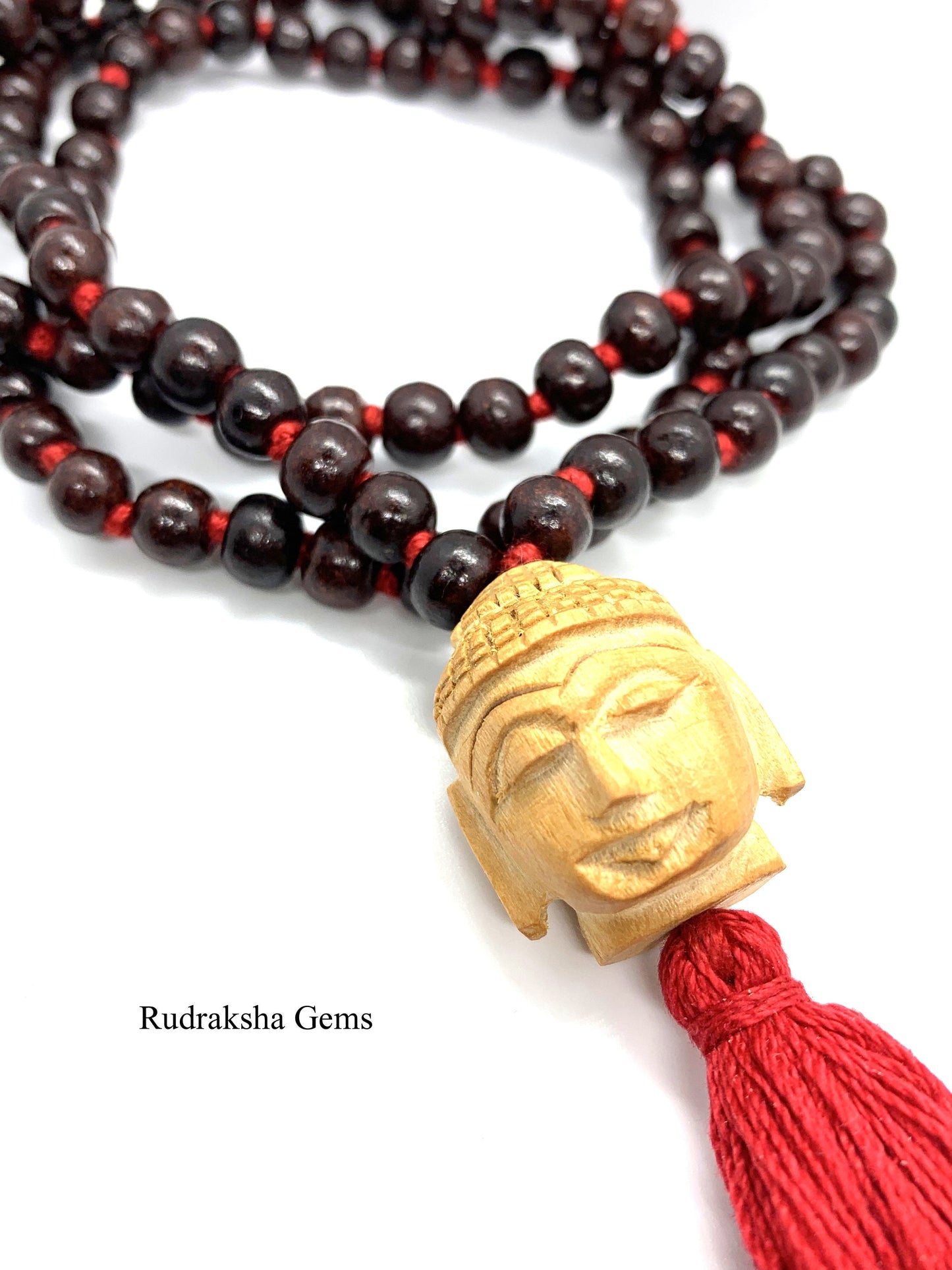 Buddha Classic 108 Knotted Meditation Mala | 8mm Indian Rosewood with Red / Cotton String Tassel | Elegant Natural Design | Yoga Necklace