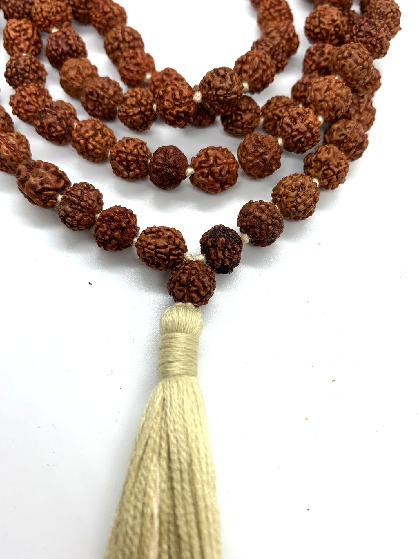 Rudraksha Mala 8 mm, 108 Japa Mala Knotted, Prayer Mala, Rudraksha Necklace India Shiva Mala, Meditation Buddhist Prayer Beads Beige Tassel