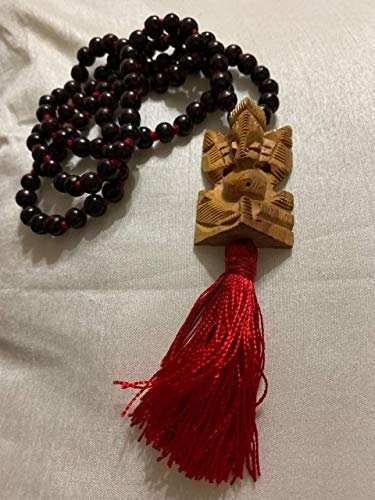 Red Rosewood Handmade Rosary Mala 108 Beads + Ganesha Wooden Guru Pendant, Hand made Necklace, 8mm Bead Size Hindu Yoga Mediation japa mala