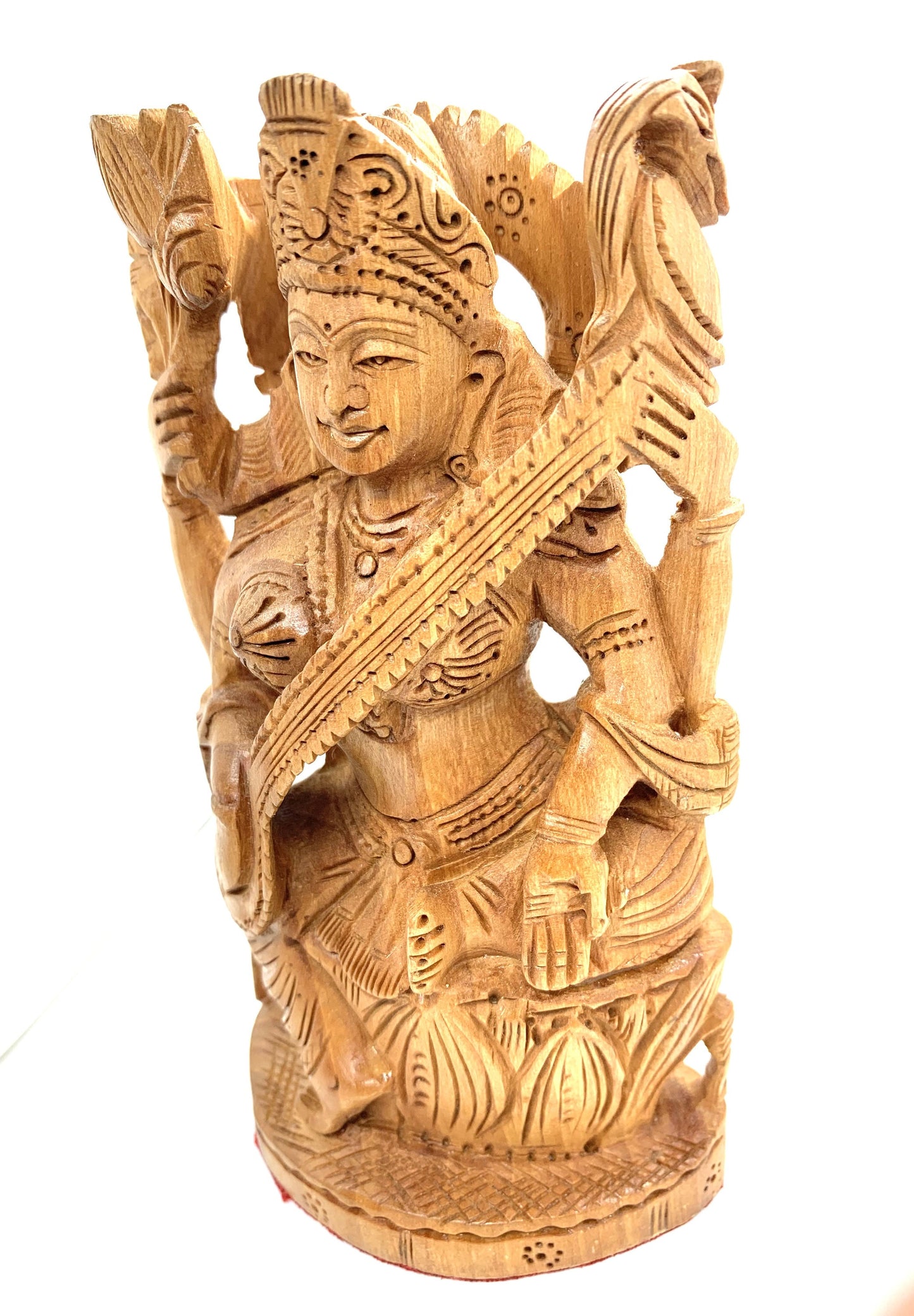 Goddess of Knowledge 5" Devi Saraswati on Lotus Wooden Statue - Spiritual Collectable Hindu Art Ritual, Hand Carved Hindu Goddess Idol Deity