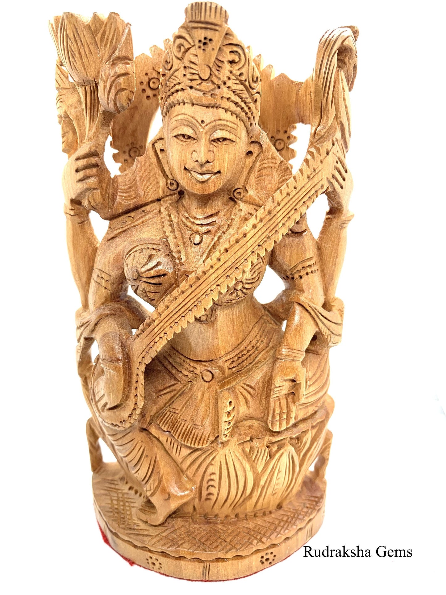 Goddess of Knowledge 5" Devi Saraswati on Lotus Wooden Statue - Spiritual Collectable Hindu Art Ritual, Hand Carved Hindu Goddess Idol Deity