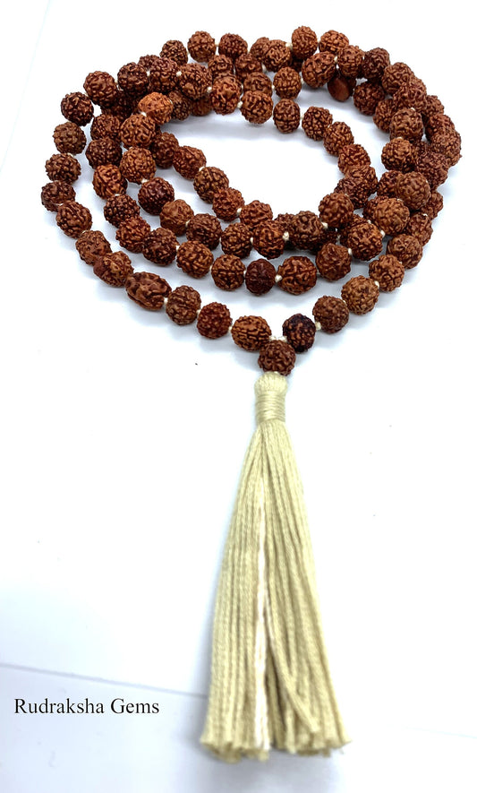 Rudraksha Mala 8 mm, 108 Japa Mala Knotted, Prayer Mala, Rudraksha Necklace India Shiva Mala, Meditation Buddhist Prayer Beads Beige Tassel